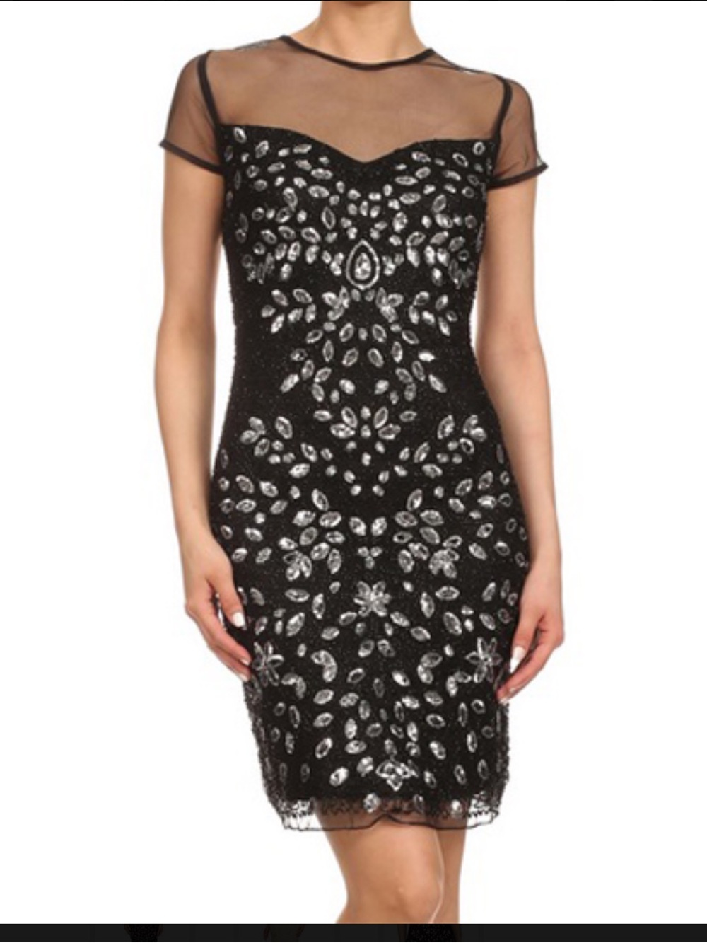 Neiman Marcus Black Sheer Yoke Embellished Cocktail Dress